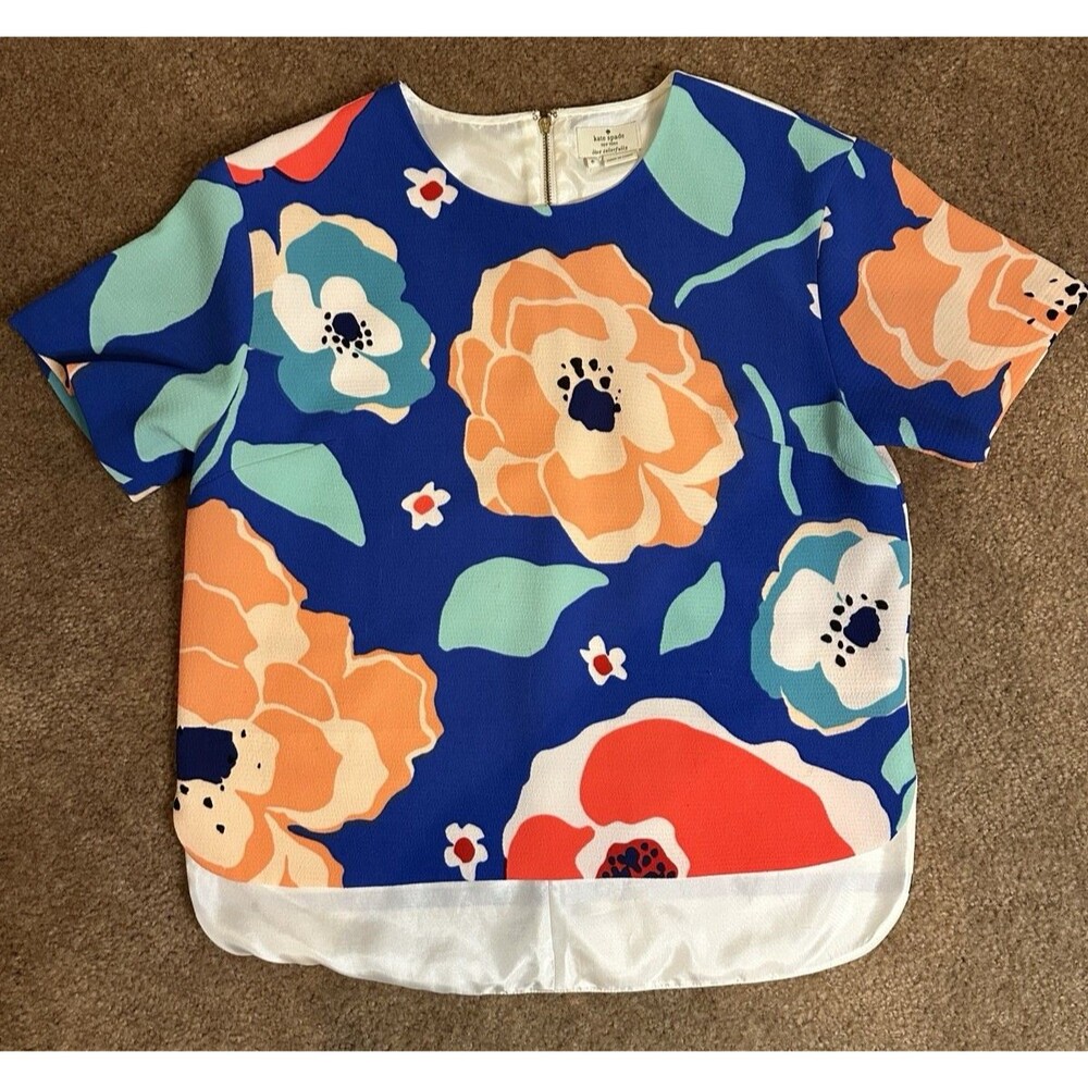 Kate Spade Size 6 Ramona Top Hi-Low Hem Blue Multi Floral Pattern Short Sleeve